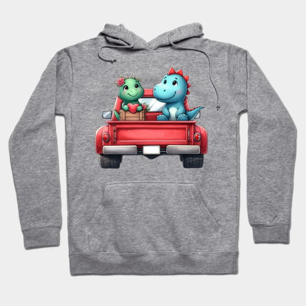 Valentine Dinosaur Couple Sitting On Truck Hoodie by Chromatic Fusion Studio